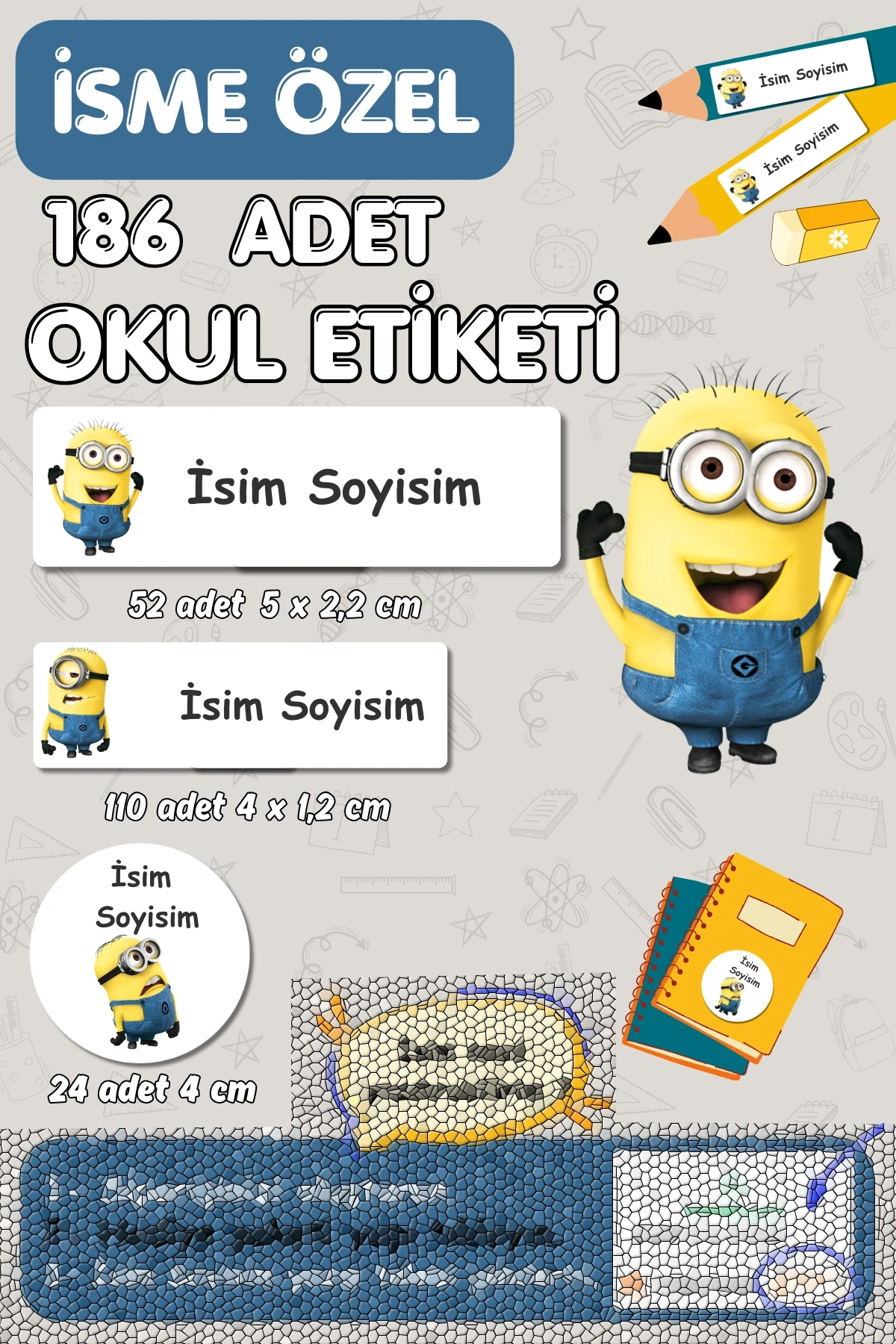 Minions Temalı İsme Özel 186 Adet Defter-Kalem-Kitap Etiketi