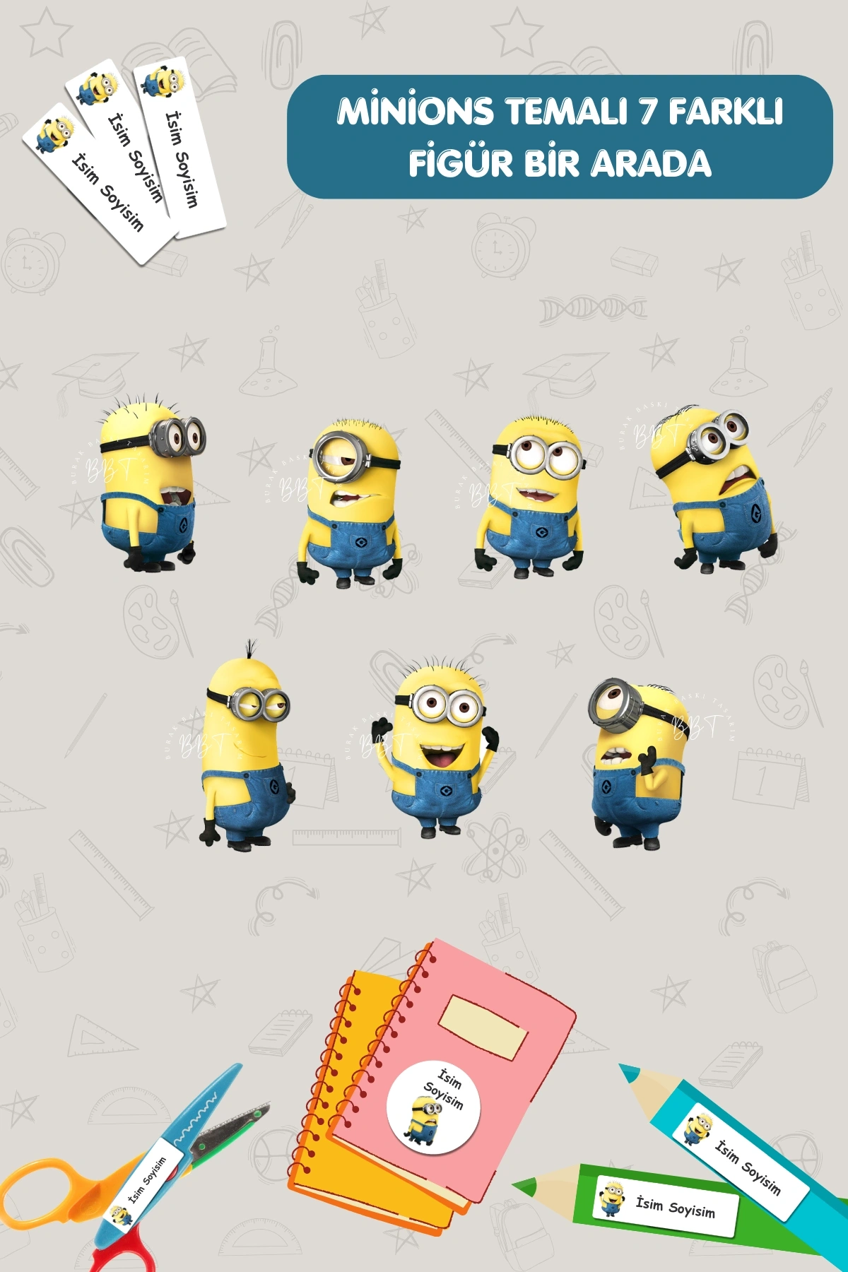 Minions Temalı İsme Özel 186 Adet Defter-Kalem-Kitap Etiketi