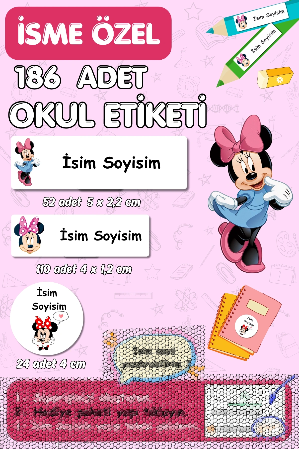 Minnie Mouse Temalı İsme Özel 186 Adet Defter-Kalem-Kitap Etiketi