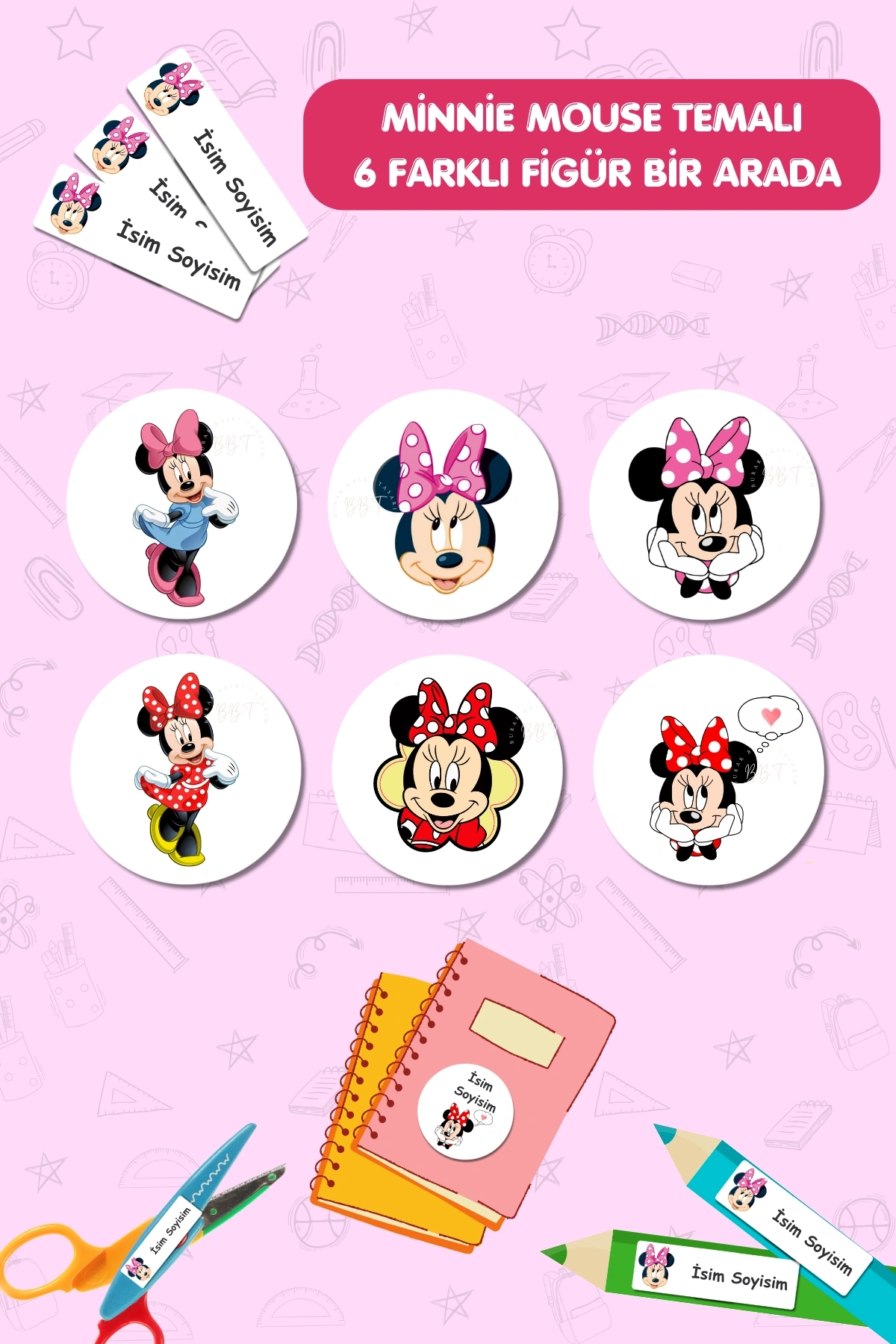 Minnie Mouse Temalı İsme Özel 186 Adet Defter-Kalem-Kitap Etiketi