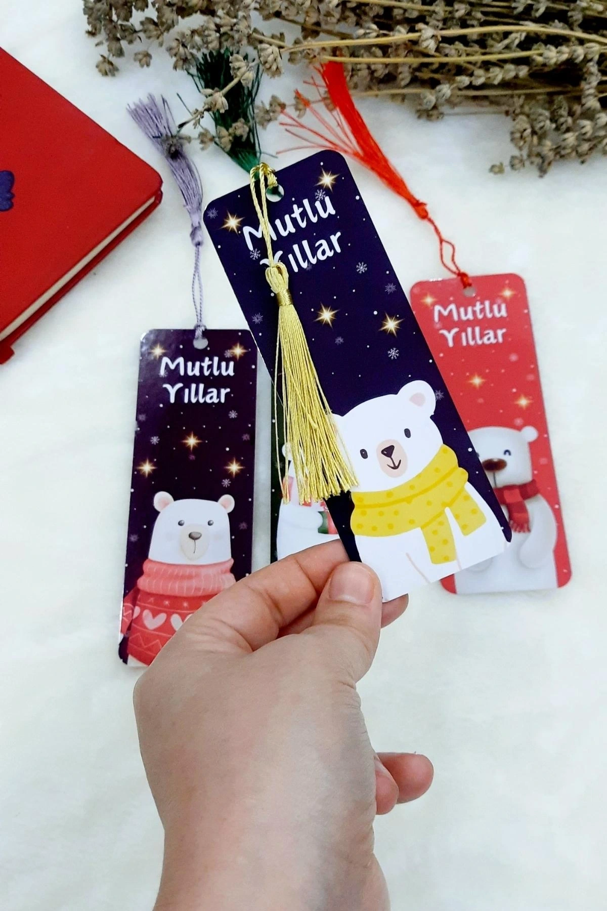 Mutlu Yıllar Mesajlı Ayıcıklar Yılbaşı Temalı Püsküllü Kitap Ayracı (4 LÜ SET)