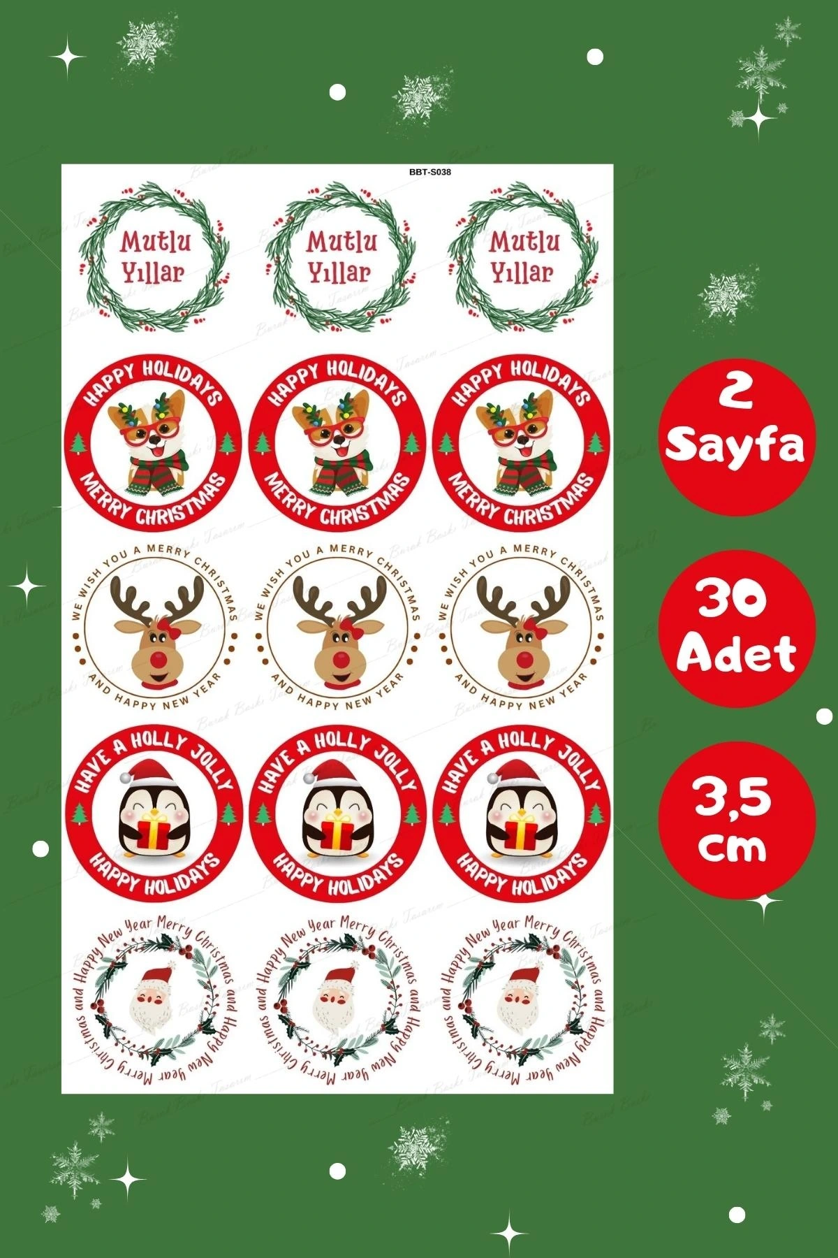 Mutlu Yıllar Sticker Seti - Yılbaşı Temalı Sticker 3,5 cm 30 Adet