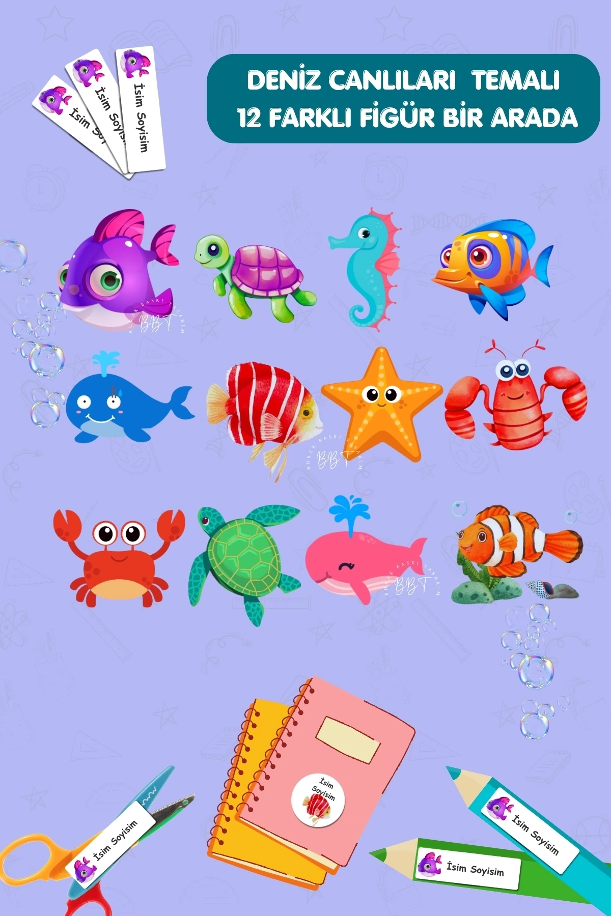 Okyanus Canlıları Temalı İsme Özel 186 Adet Defter-Kalem-Kitap Etiketi