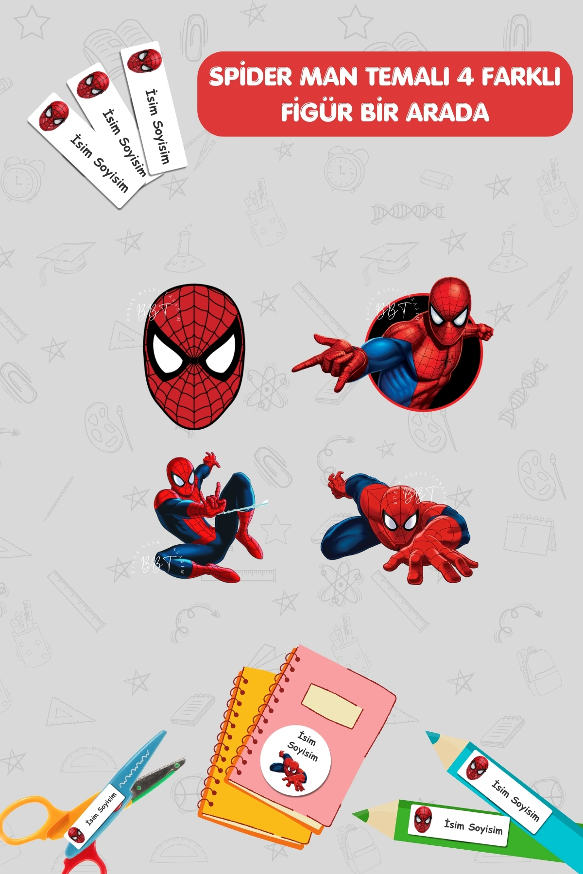 Örümcek Adam Temalı İsme Özel 186 Adet Defter-Kalem-Kitap Etiketi