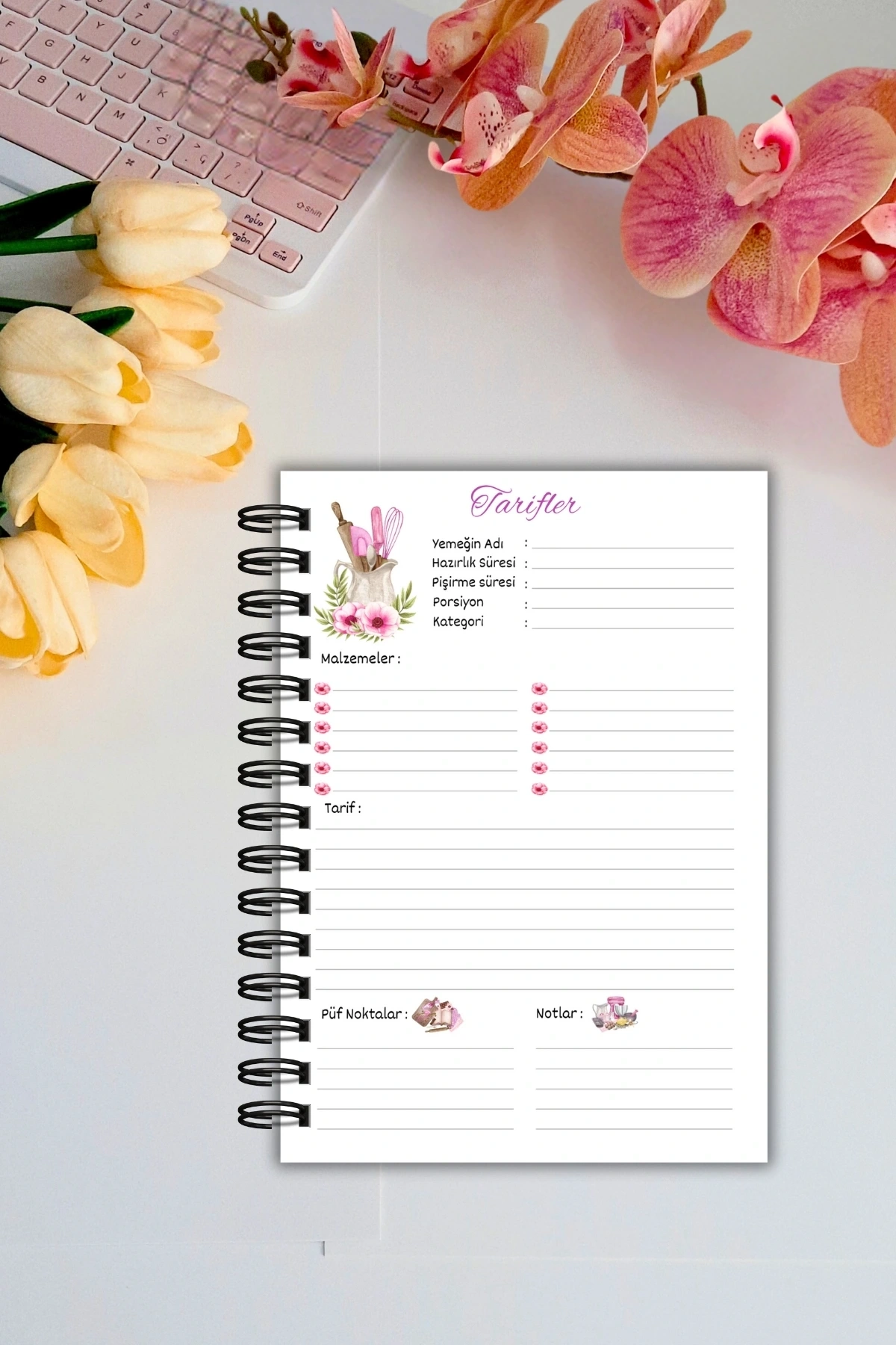 Pembe Pötikare Yemek Tarif Defteri / Tel Spiralli - 50 Yaprak-100 Sayfa / A5