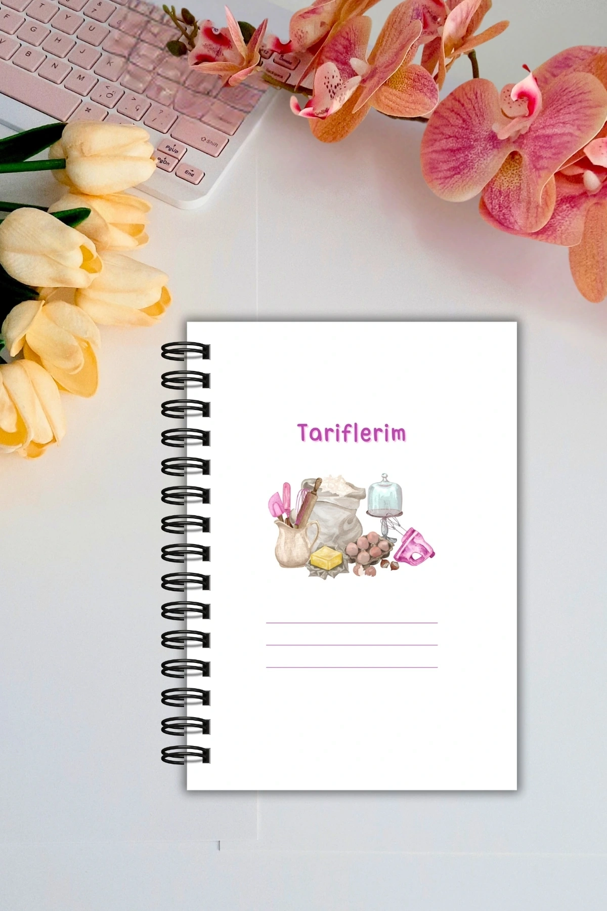 Pembe Pötikare Yemek Tarif Defteri / Tel Spiralli - 50 Yaprak-100 Sayfa / A5