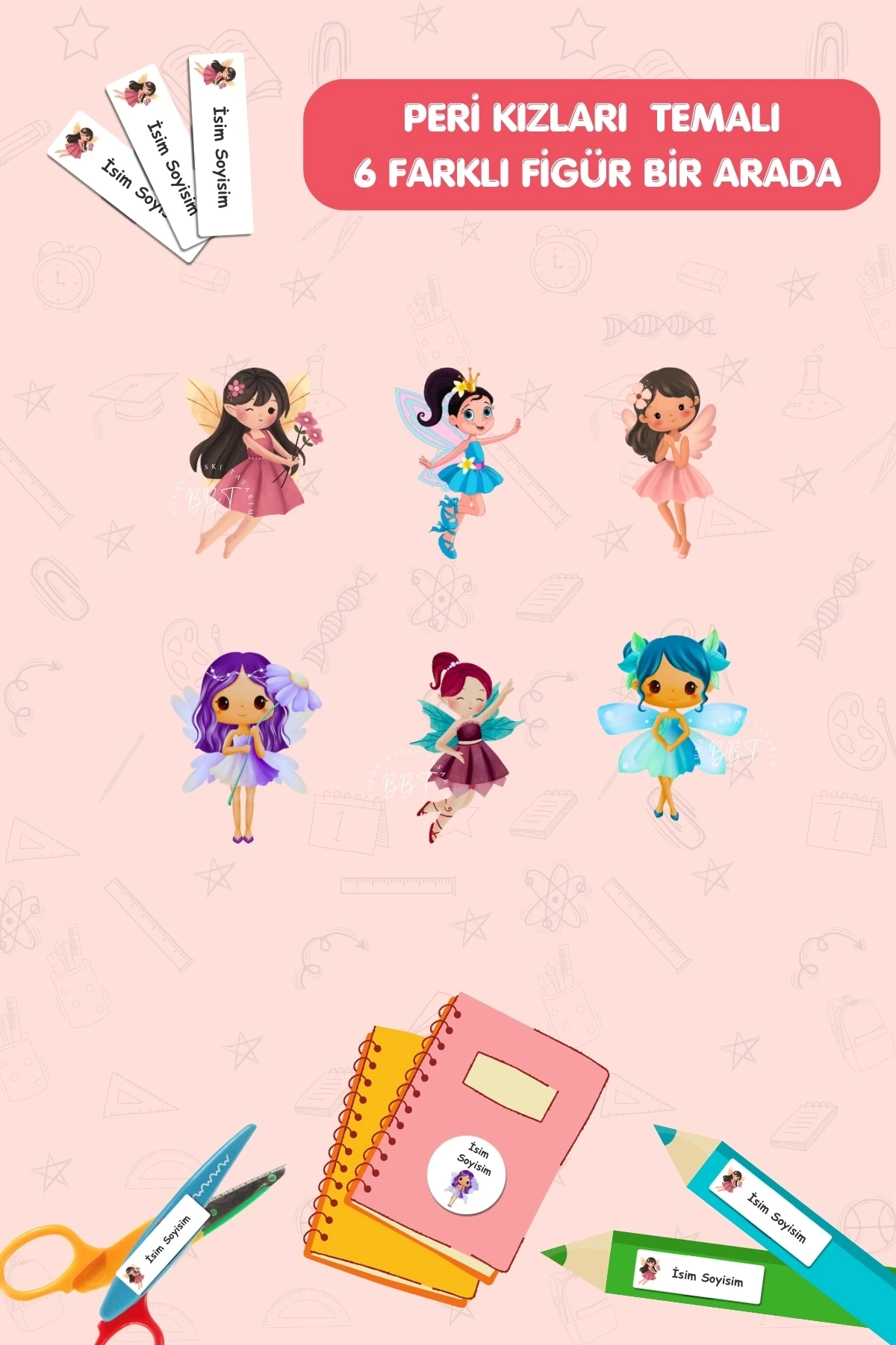 Peri Kızları Temalı İsme Özel 186 Adet Defter-Kalem-Kitap Etiketi