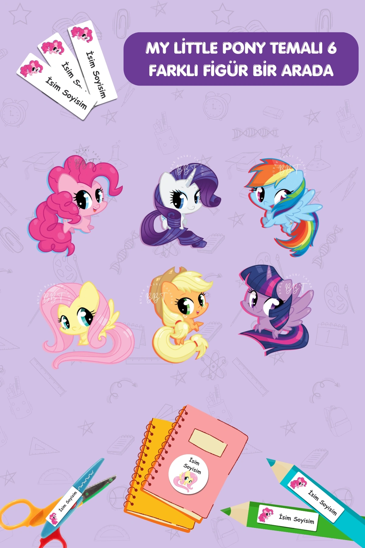 Poniler Temalı İsme Özel 186 Adet Defter-Kalem-Kitap Etiketi