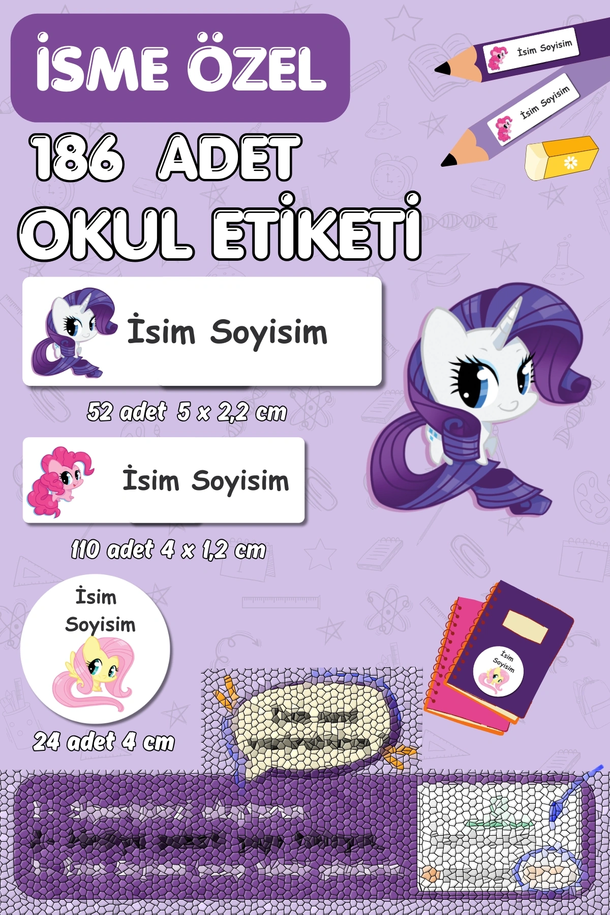 Poniler Temalı İsme Özel 186 Adet Defter-Kalem-Kitap Etiketi