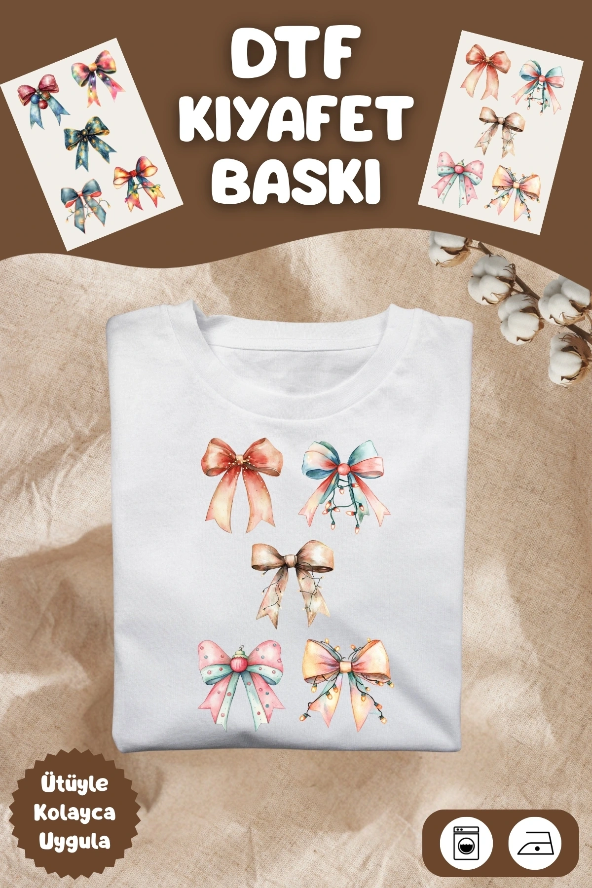 Renkli Yılbaşı Kurdele Temalı Kumaşa Baskı Yapılabilen Ütü ile Yapışan DTF Tekstil Baskı Görseli