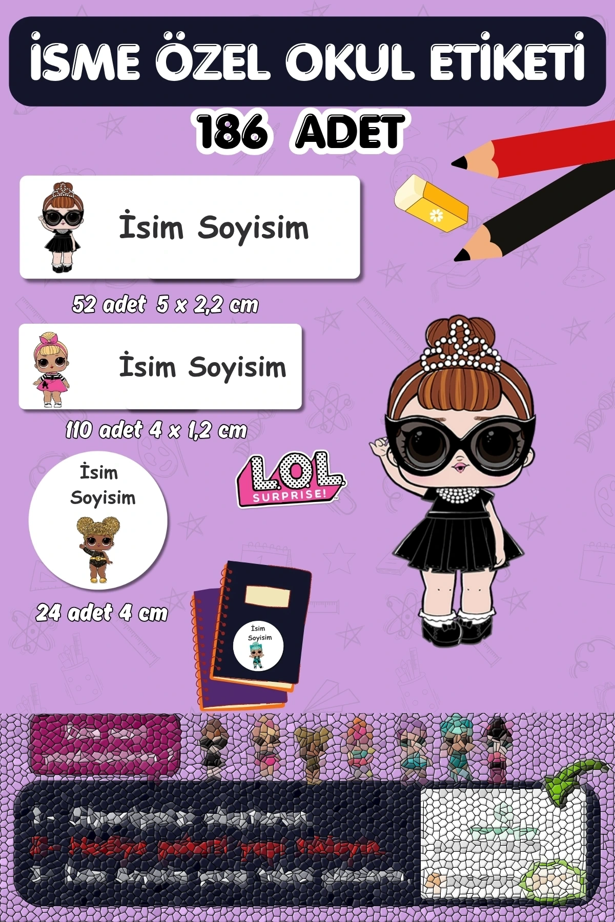 Sevimli Bebekler Temalı İsme Özel 186 Adet Defter-Kalem-Kitap Etiketi