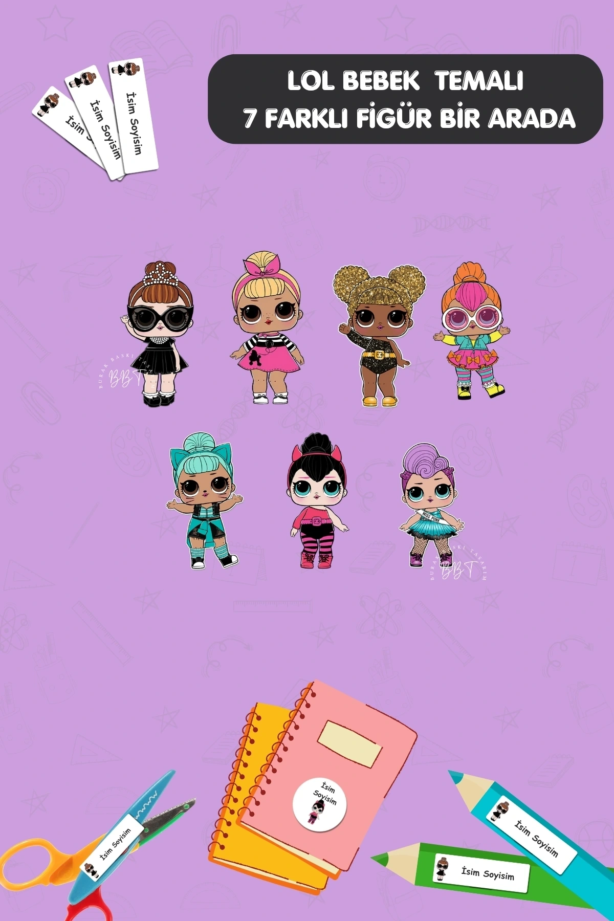 Sevimli Bebekler Temalı İsme Özel 186 Adet Defter-Kalem-Kitap Etiketi