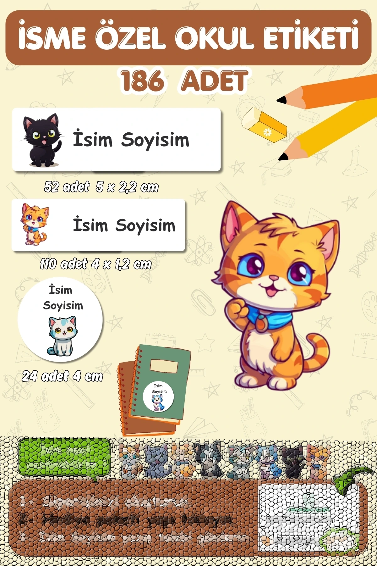 Sevimli Kedicikler Temalı İsme Özel 186 Adet Defter-Kalem-Kitap Etiketi