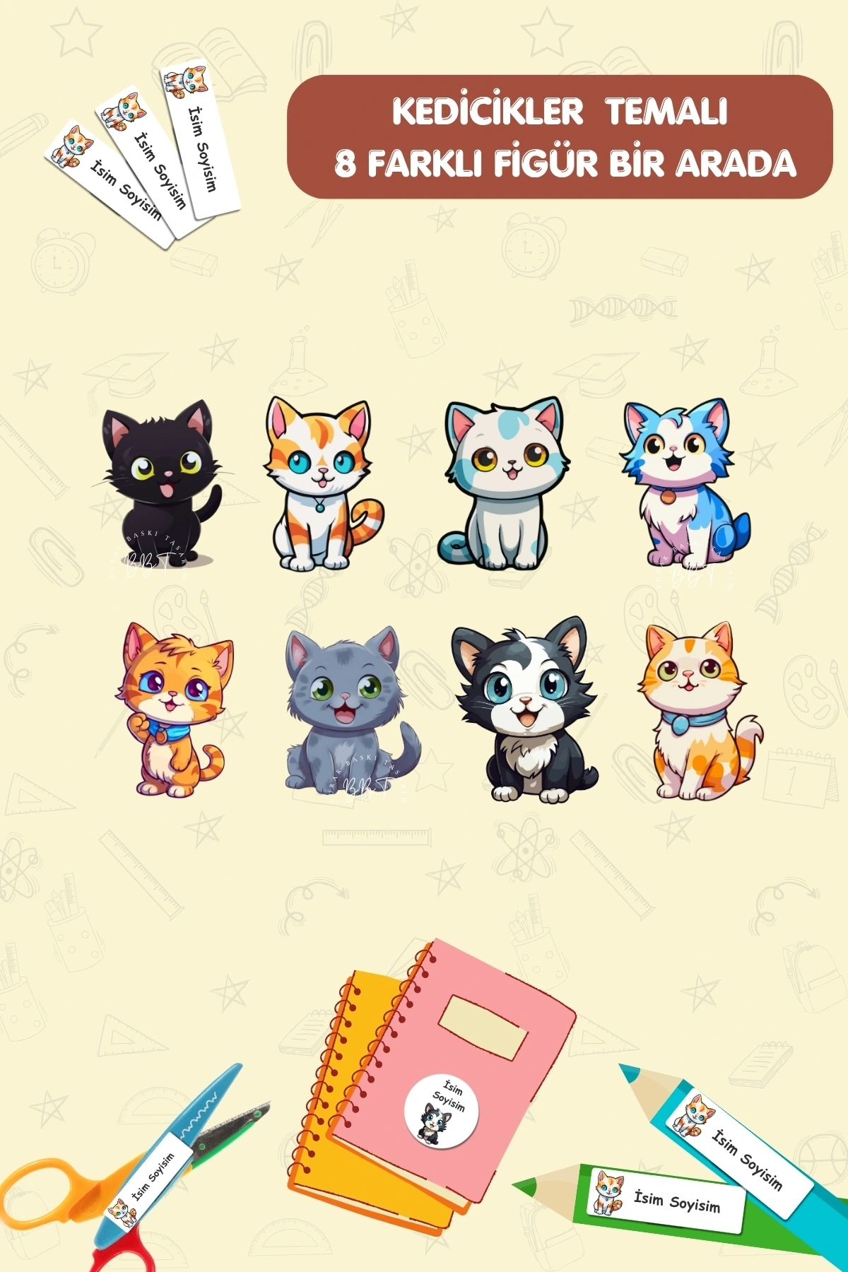 Sevimli Kedicikler Temalı İsme Özel 186 Adet Defter-Kalem-Kitap Etiketi