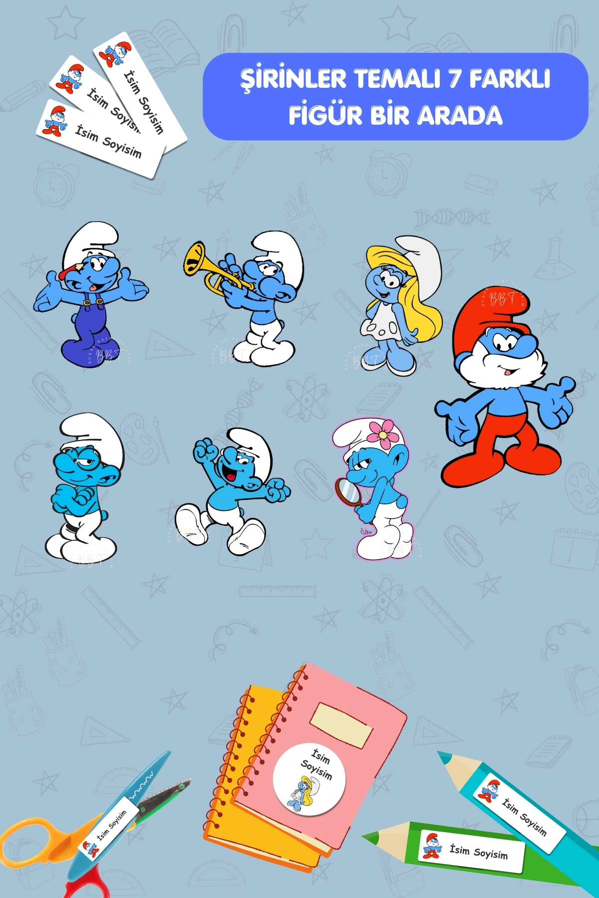 Şirinler Temalı İsme Özel 186 Adet Defter-Kalem-Kitap Etiketi