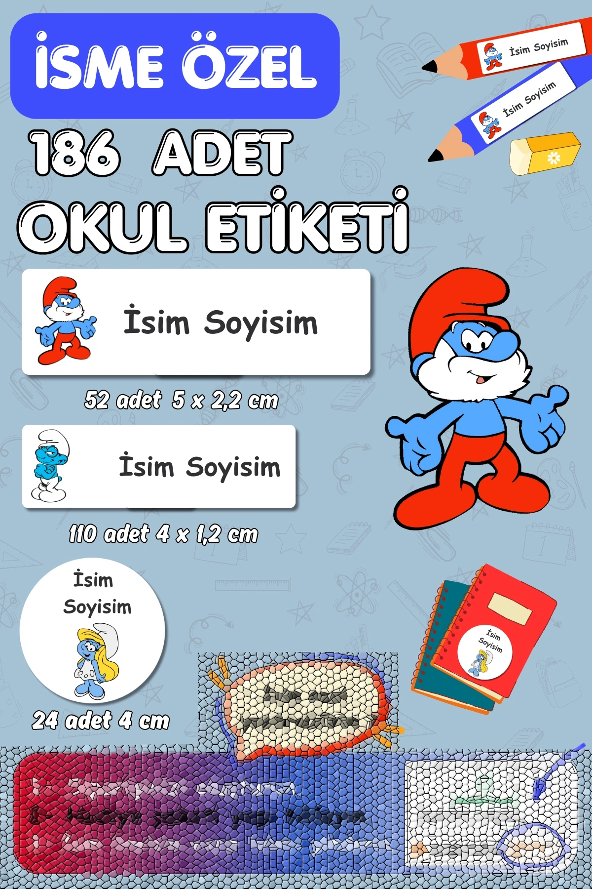 Şirinler Temalı İsme Özel 186 Adet Defter-Kalem-Kitap Etiketi