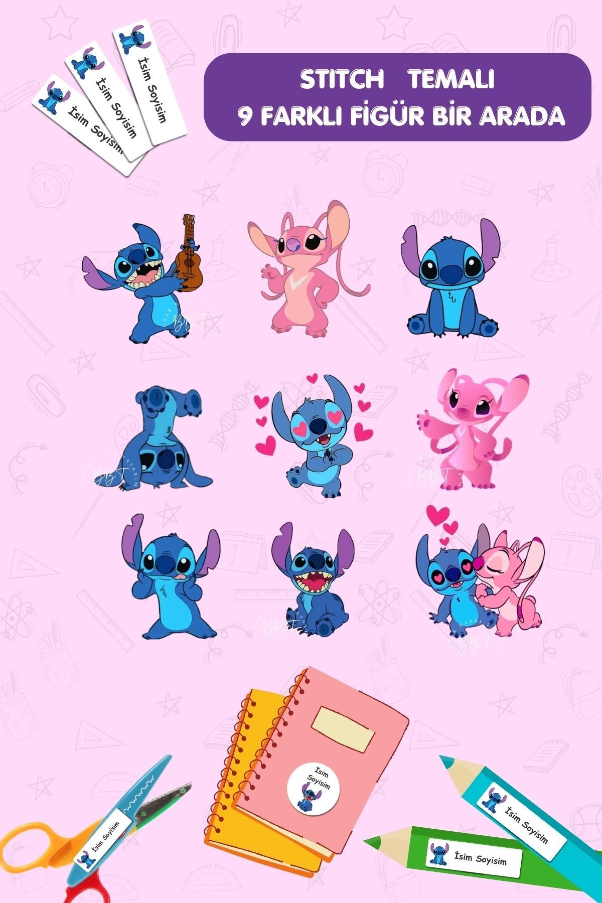 Stitch Temalı  İsme Özel 186 Adet Defter-Kalem-Kitap Etiketi