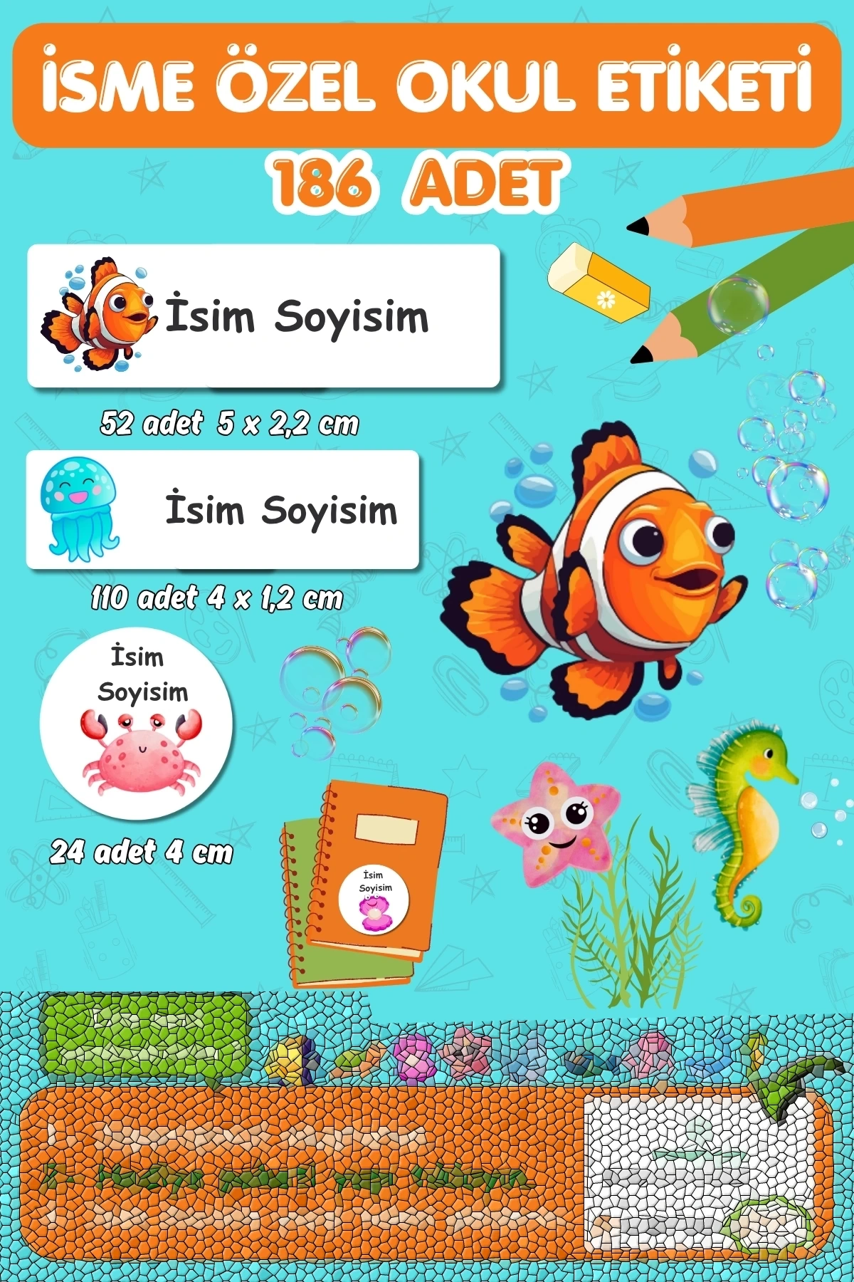 Sualtı Canlıları Temalı İsme Özel 186 Adet Defter-Kalem-Kitap Etiketi