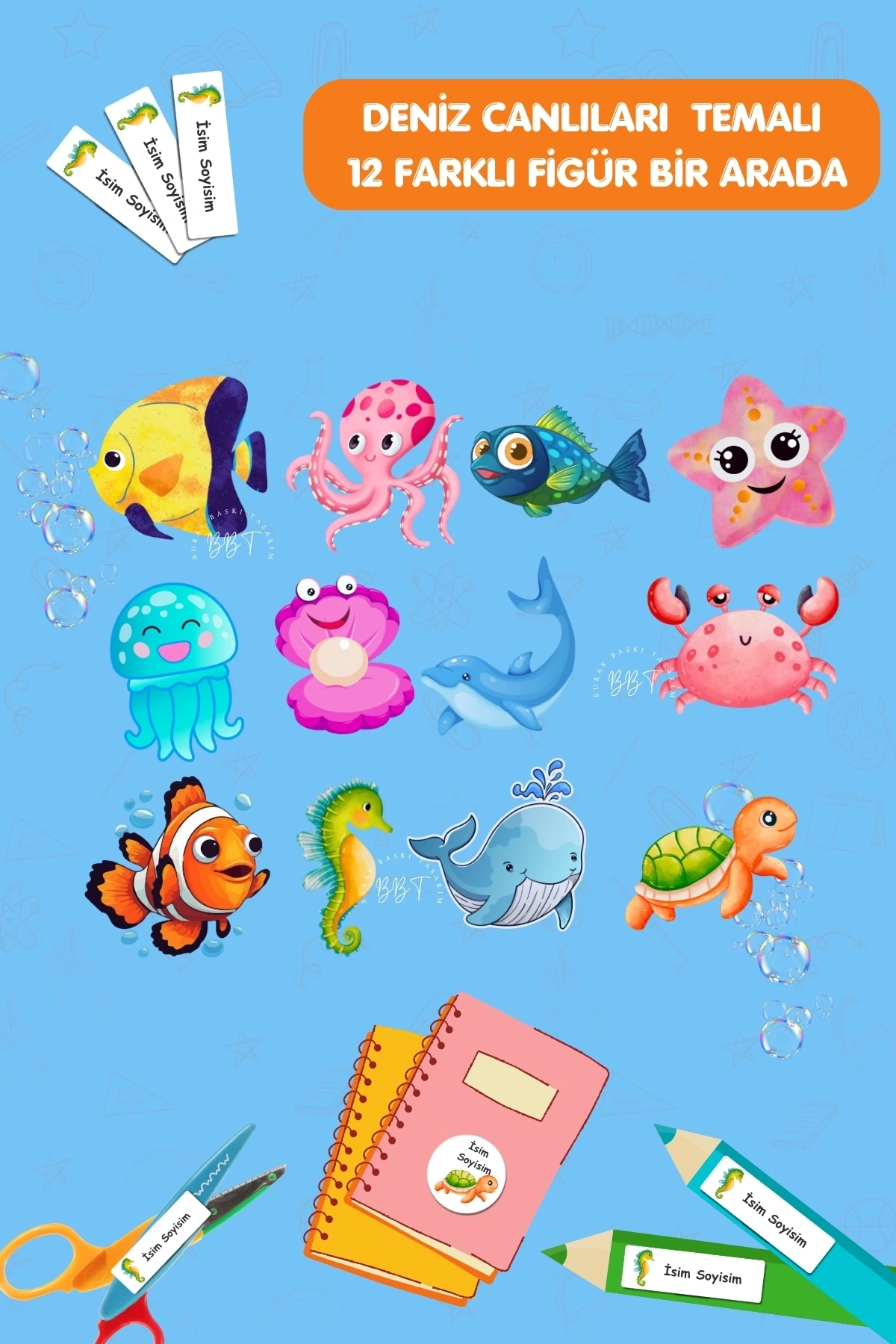Sualtı Canlıları Temalı İsme Özel 186 Adet Defter-Kalem-Kitap Etiketi