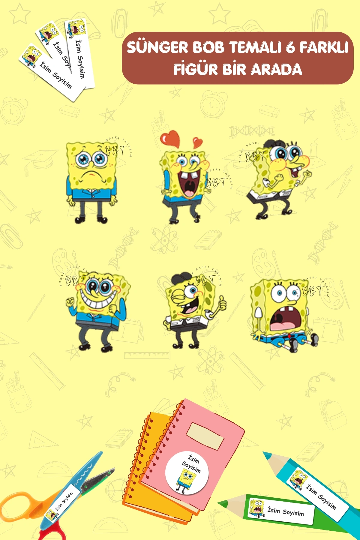 Sünger Bob Temalı İsme Özel 186 Adet Defter-Kalem-Kitap Etiketi