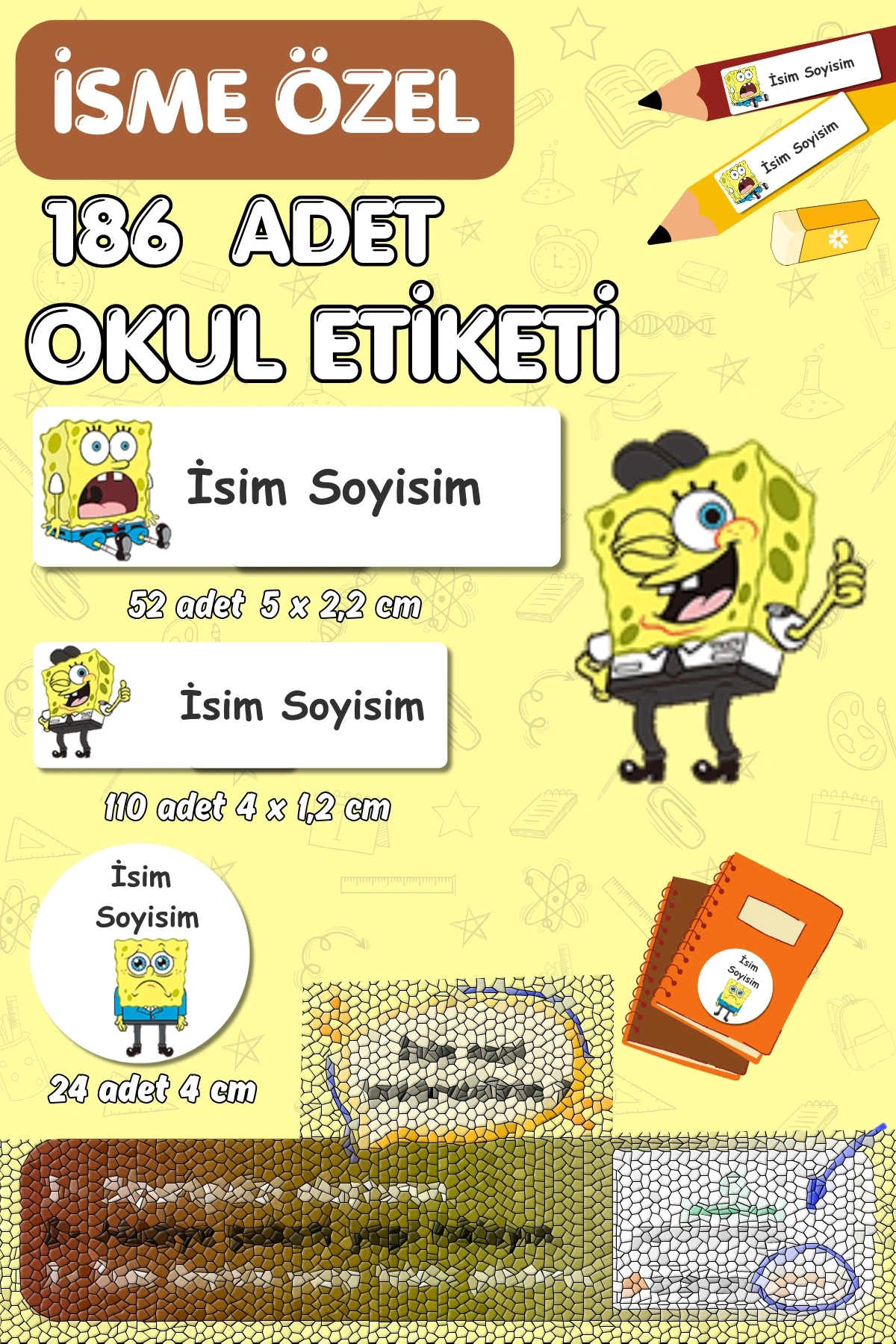 Sünger Bob Temalı İsme Özel 186 Adet Defter-Kalem-Kitap Etiketi