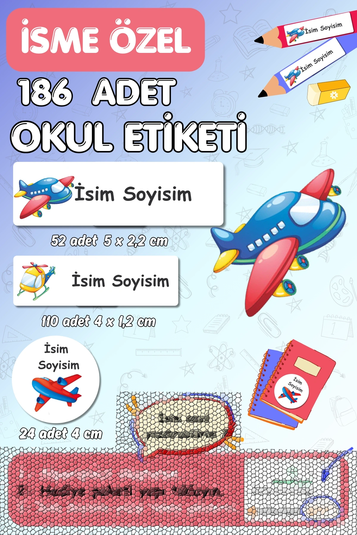 Uçaklar Temalı İsme Özel 186 Adet Defter-Kalem-Kitap Etiketi