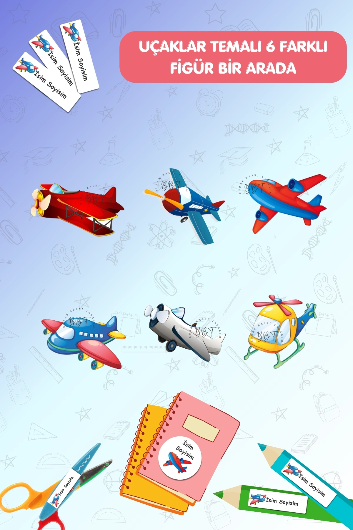 Uçaklar Temalı İsme Özel 186 Adet Defter-Kalem-Kitap Etiketi