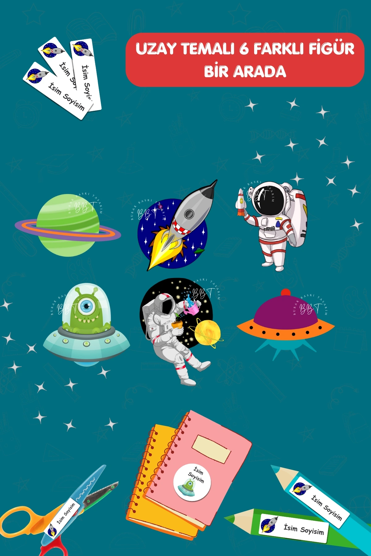Uzay ve Astronot Temalı İsme Özel 186 Adet Defter-Kalem-Kitap Etiketi