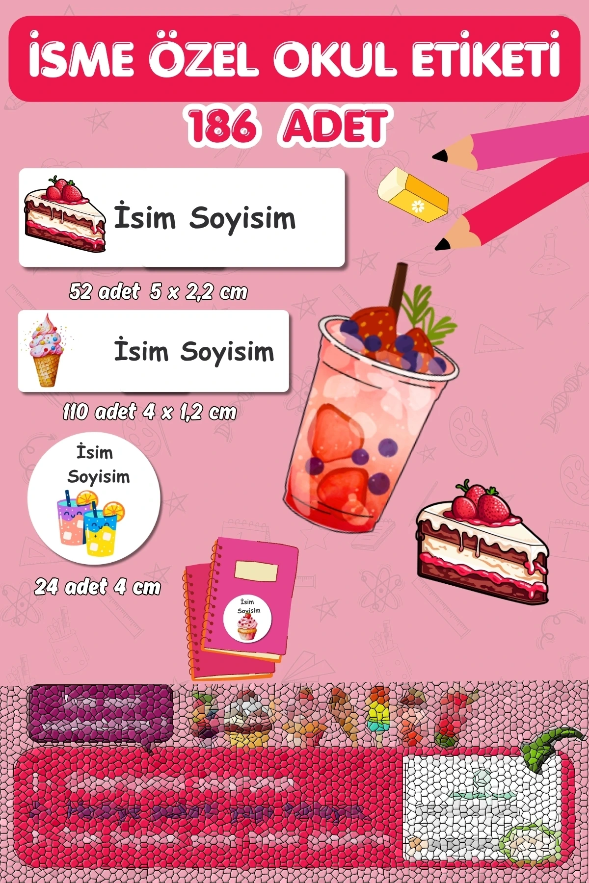Yaz Meyve Pasta Dondurma İçecekler Temalı İsme Özel 186 Adet Defter-Kalem-Kitap Etiketi