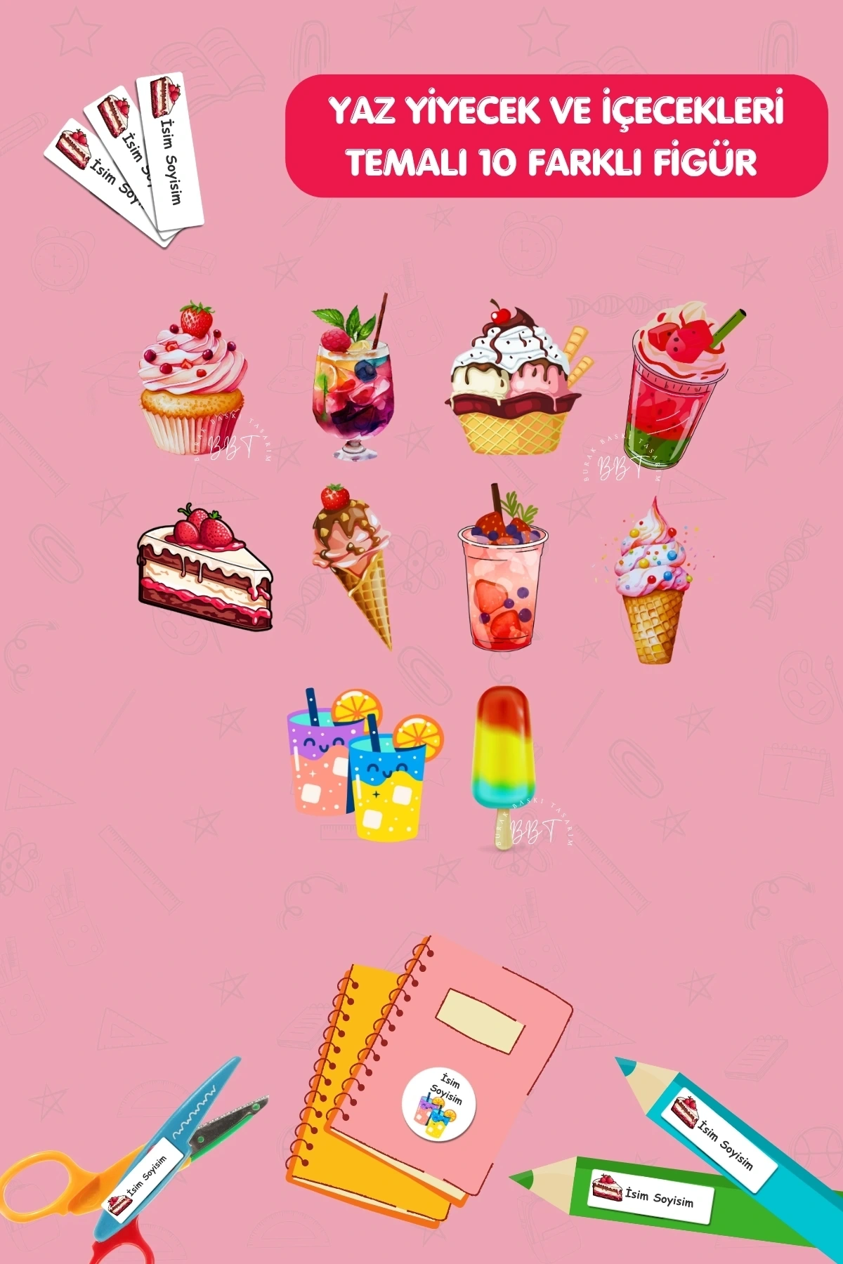 Yaz Meyve Pasta Dondurma İçecekler Temalı İsme Özel 186 Adet Defter-Kalem-Kitap Etiketi