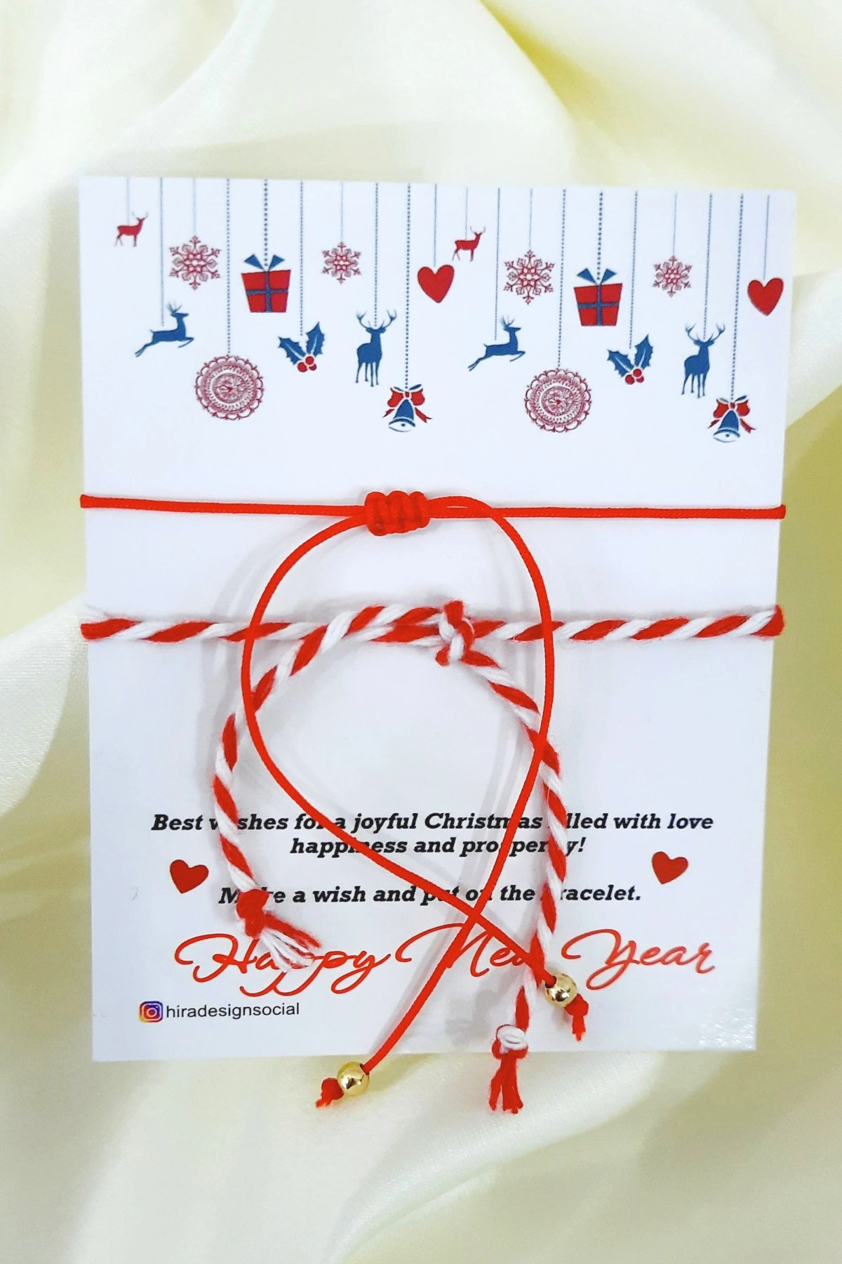 Yılbaşı Noel Temalı Ayarlanabilir, Kırmızı İpli 4lü Yonca-Fil-Kalp-Yıldız, Dilek Bilekliği