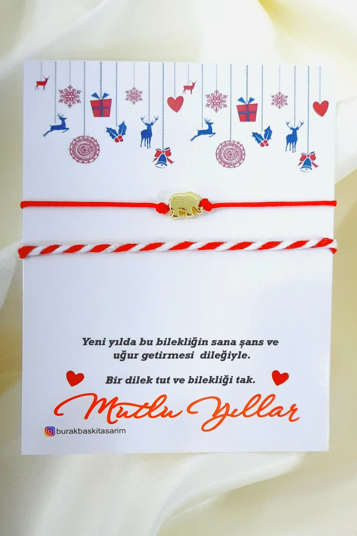 Yılbaşı Noel Temalı Ayarlanabilir, Kırmızı İpli Yeni Yıl Noel Hediyesi Fil, Dilek Bilekliği