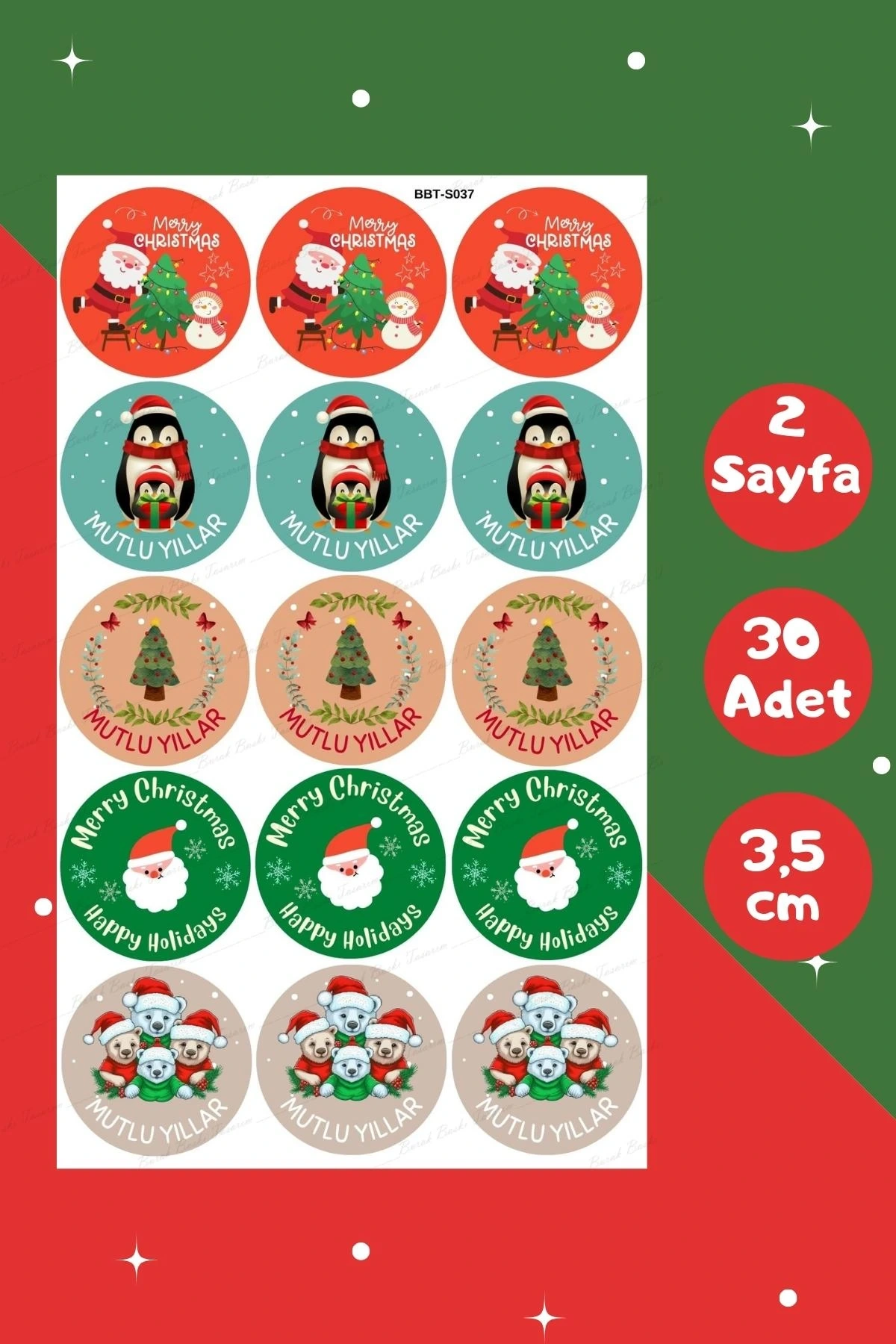 Yılbaşı Temalı Sticker Seti - Mutlu Yıllar Sticker 3,5 cm 30 Adet