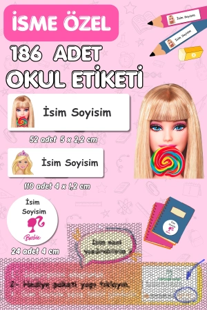 Barbie Temalı İsme Özel 186 Adet Defter-Kalem-Kitap Etiketi