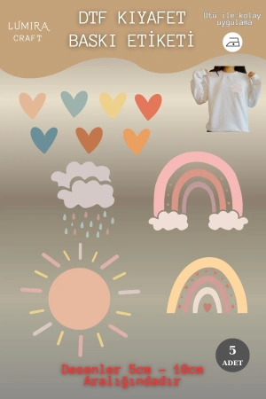 Renkli Kalpler ve Gökkuşağı Kumaşa Ütü ile Yapışan DTF Transfer Baskı Kağıdı