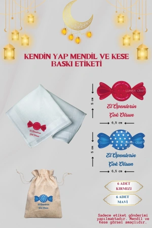 Mavi ve Kırmızı Şeker Mendil ve Kese Baskı Kağıdı, Ütü ile Yapışan DTF Transfer, Ramazan Bayramı