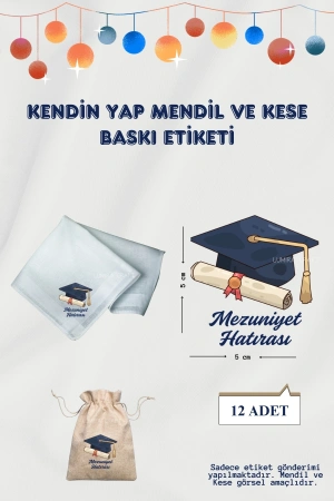 Mavi Kep Mezuniyet Hatırası-Mendil ve Kese Baskı Kağıdı, Ütü ile Yapışan DTF Transfer, Okuma Bayramı