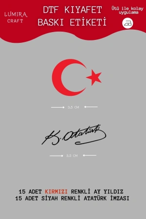 Kırmızı Ay Yıldız Siyah Atatürk İmzası- Baskı Kağıdı, Ütü ile Yapışan DTF Transfer, 23 Nisan