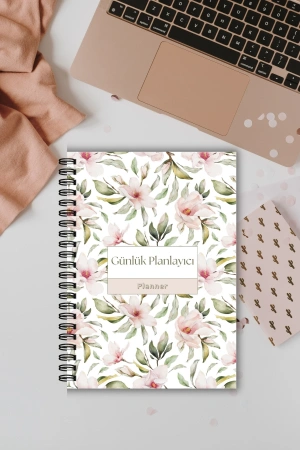 Pembe Çiçekli, A5-Günlük Planlayıcı , Daily Planner, To Do List-Konsept Not Defteri, Notepad