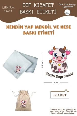 Sevimli Öküz Mutlu Bayramlar, Mendil ve Kese Baskı Kağıdı, Kumaşa Ütü ile Yapışan DTF Transfer, Kurban Bayramı