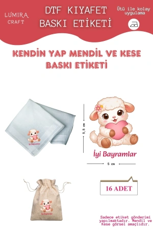 Kalpli Kuzucuk İyi Bayramlar, Mendil ve Kese Baskı Kağıdı, Kumaşa Ütü ile Yapışan DTF Transfer, Kurban Bayramı