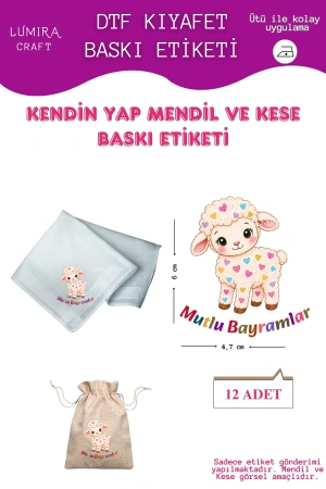 Renkli Kalpli Kuzucuk Mutlu Bayramlar, Mendil ve Kese Baskı Kağıdı, Kumaşa Ütü ile Yapışan DTF Transfer, Kurban Bayramı