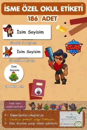 Brawl Stars Temalı İsme Özel 186 Adet Defter-Kalem-Kitap Etiketi