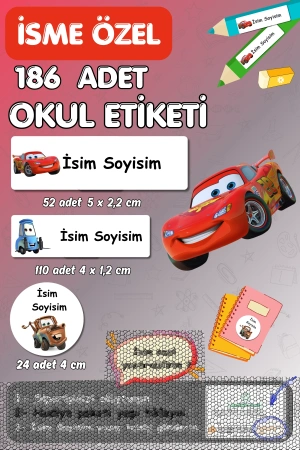 Cars Arabalar Temalı İsme Özel 186 Adet Defter-Kalem-Kitap Etiketi