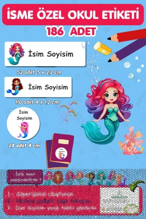 Deniz Kızları Temalı İsme Özel 186 Adet Defter-Kalem-Kitap Etiketi