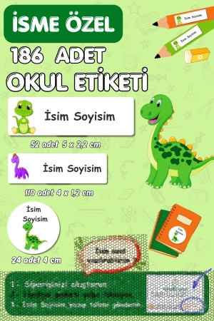 Dinozor Temalı İsme Özel 186 Adet Defter-Kalem-Kitap Etiketi