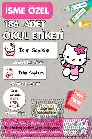 Hello Kitty Temalı İsme Özel 186 Adet Defter-Kalem-Kitap Etiketi
