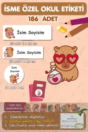 Kapibara Temalı  İsme Özel 186 Adet Defter-Kalem-Kitap Etiketi