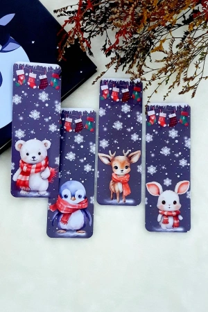 Kırmızı Atkılı Hayvanlar Gri Üzeri Kar Desenli - Yılbaşı Temalı Kitap Ayracı (4 LÜ SET)