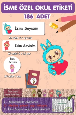 Labubu Temalı İsme Özel 186 Adet Defter-Kalem-Kitap Etiketi
